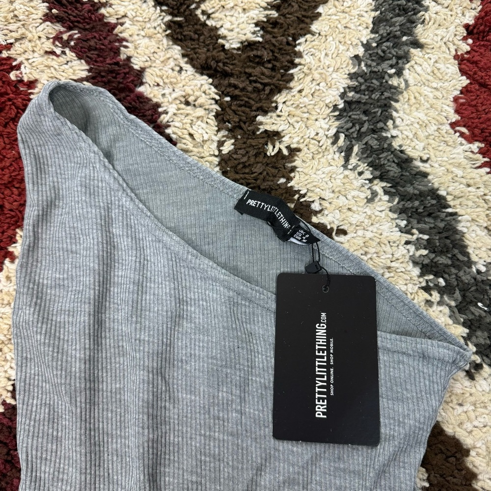 Pretty Little Thing Midi Dress One Shoulder Solid Gray Ribbed Tank Fitted Slit - Picture 5 of 8
